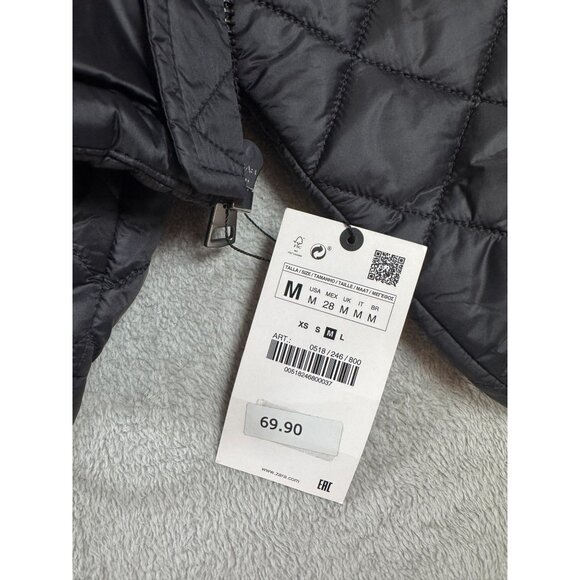 Zara Womens Quilted Black Warm Packable Full Zip Jacket With Stretch Cuffs & Dra - Picture 7 of 9